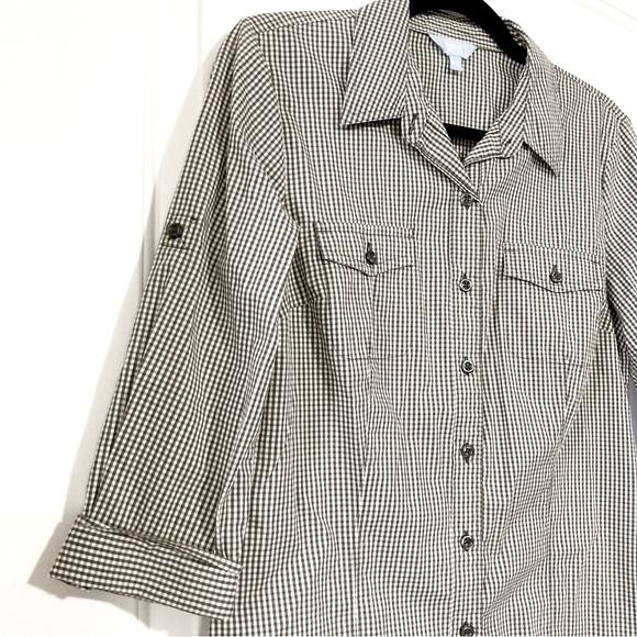 DENVER HAYES Sage grey white gingham roll tab shirt ~ MEDIUM camp outdoor top - Picture 4 of 14
